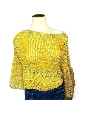 Hand Crafted Boho Yellow Fabric Knit Cropped Sweater Wide Sleeves Fuzzy Top O/S